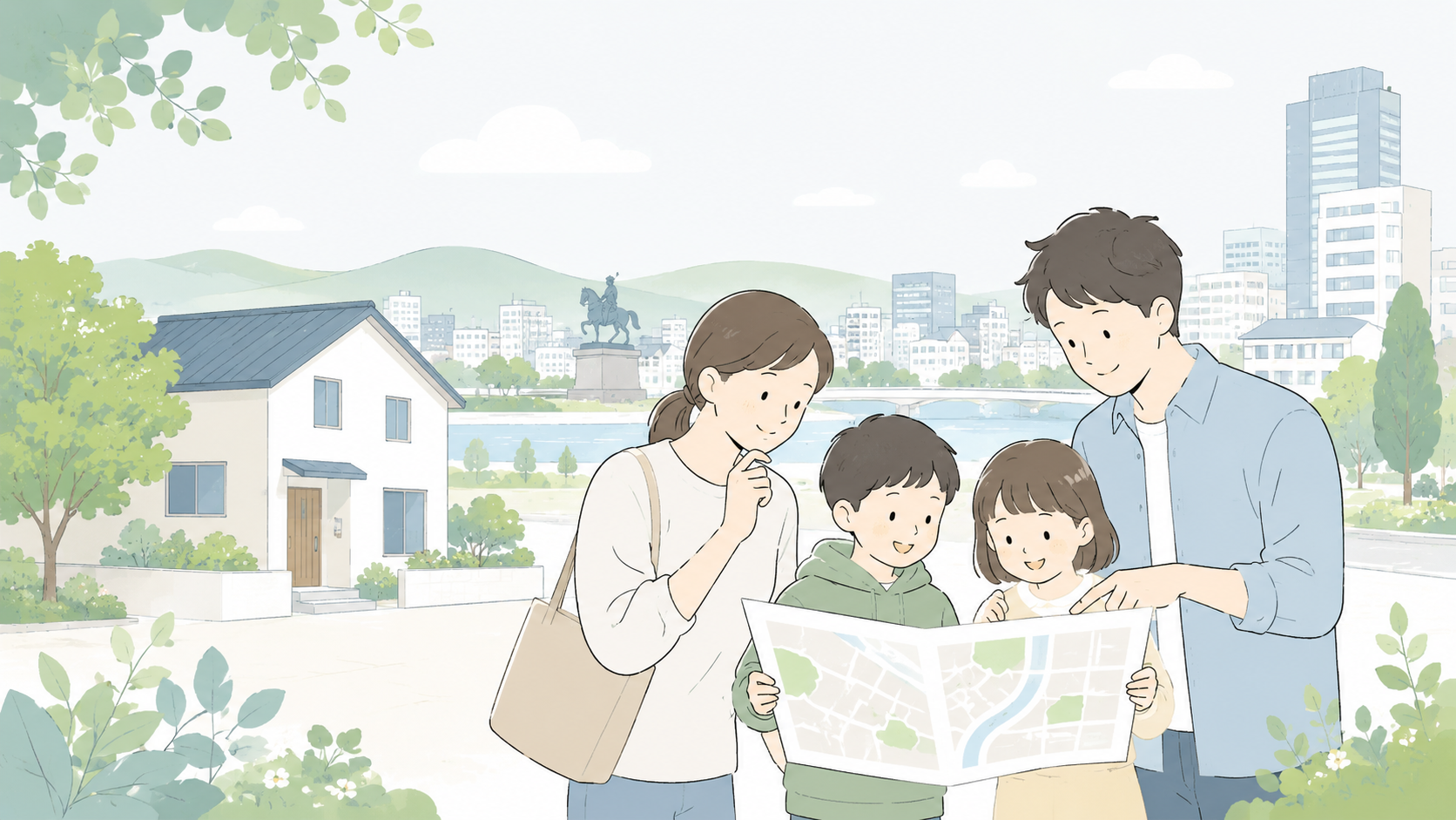 仙台で家探しをする家族のイラスト