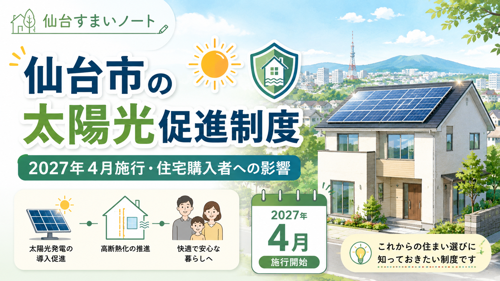 仙台市「太陽光発電導入・高断熱化促進制度」とは？2027年4月施行・住宅購入者への影響を解説